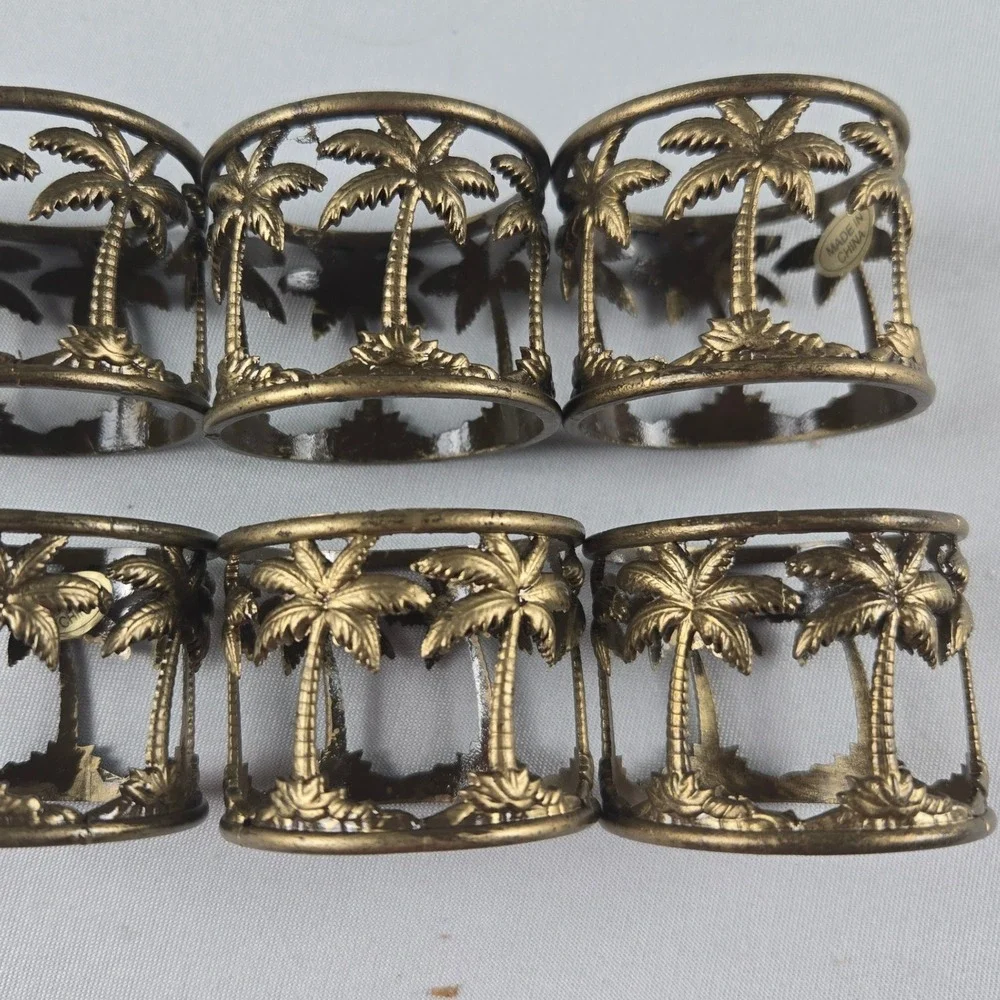 Palm Tree Brass Gold Tone Metal Napkin Rings Tropical Coastal Set of 8